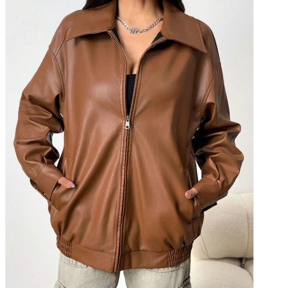 Luxe Vegan Leather Zipper Pockets Oversized Bomber Jacket - Picture 8 of 9